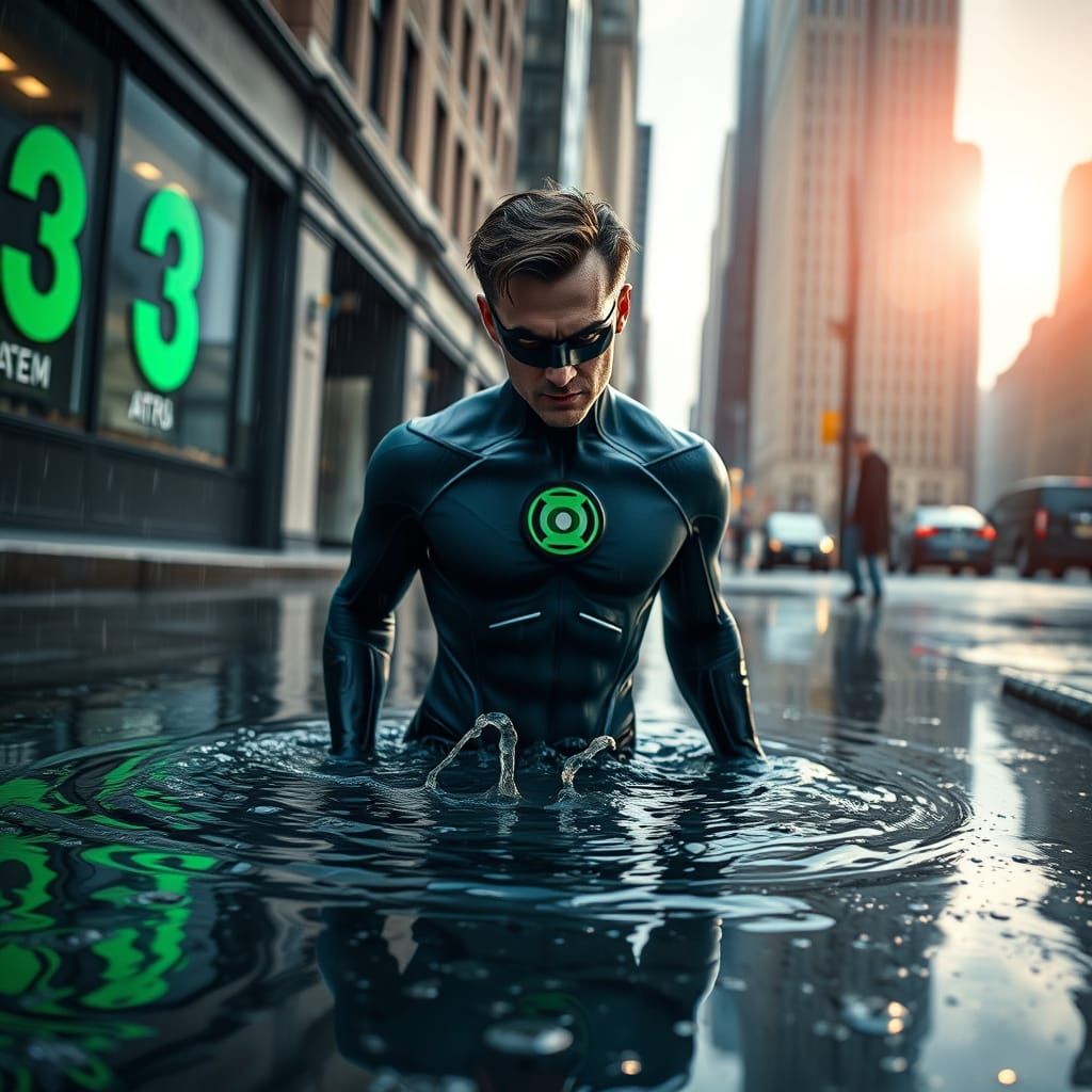 Green Lantern Hal Jordan Emerges From Puddle in Hyperrealist...