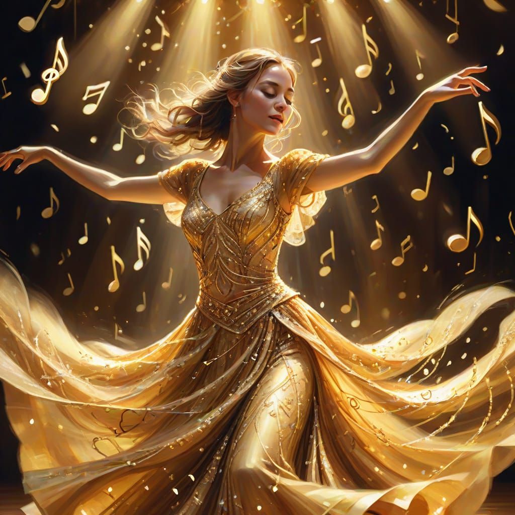 Golden Dancer on Stage: Vibrant Oil Painting