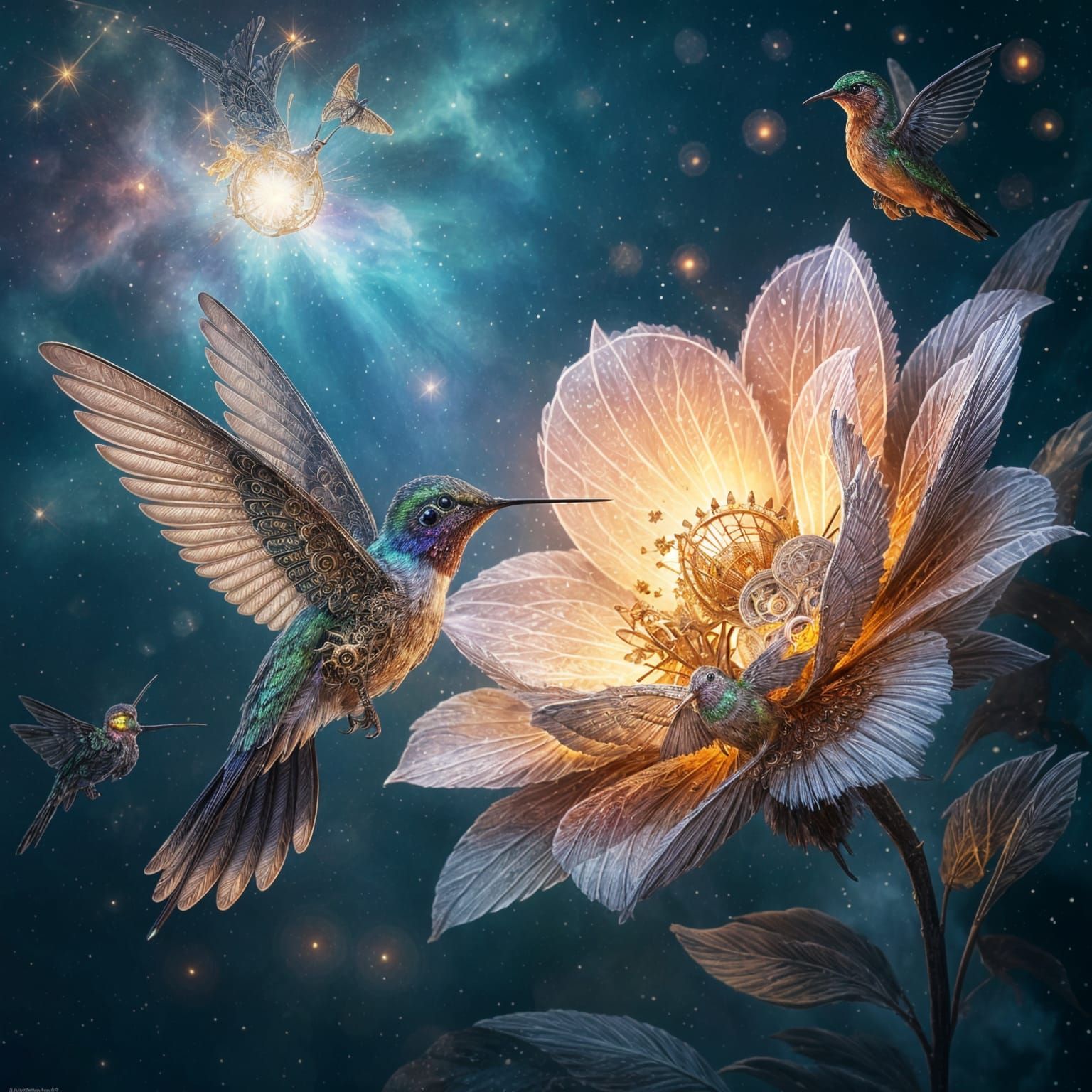 Steampunk Hummingbird Near Cosmic Flower in Nebula