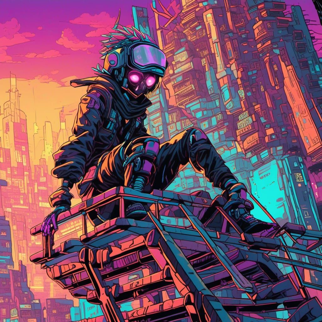 Cyberpunk Robot Grinds Rail in Futuristic City