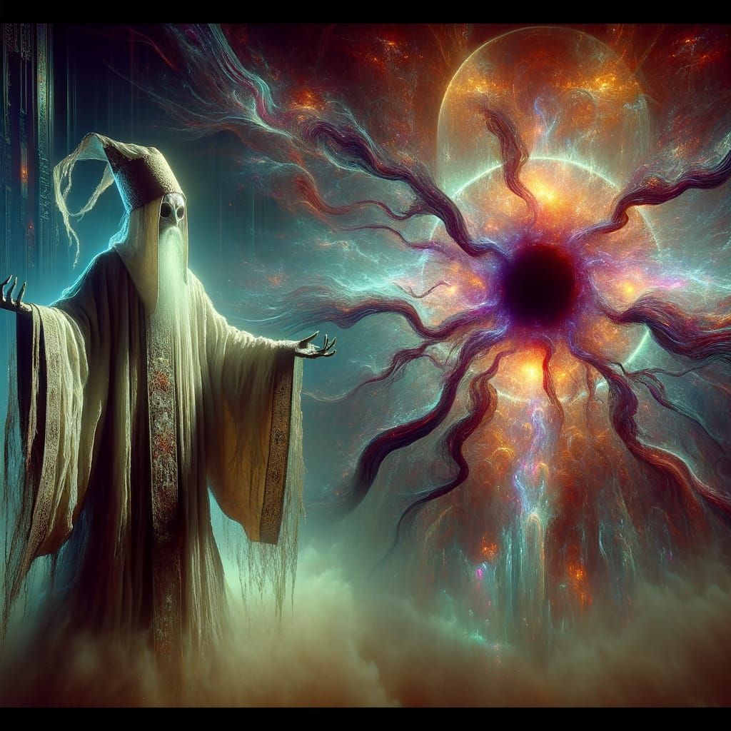 Ethereal Cleric and Psychedelic Portal in Dark Fantasy