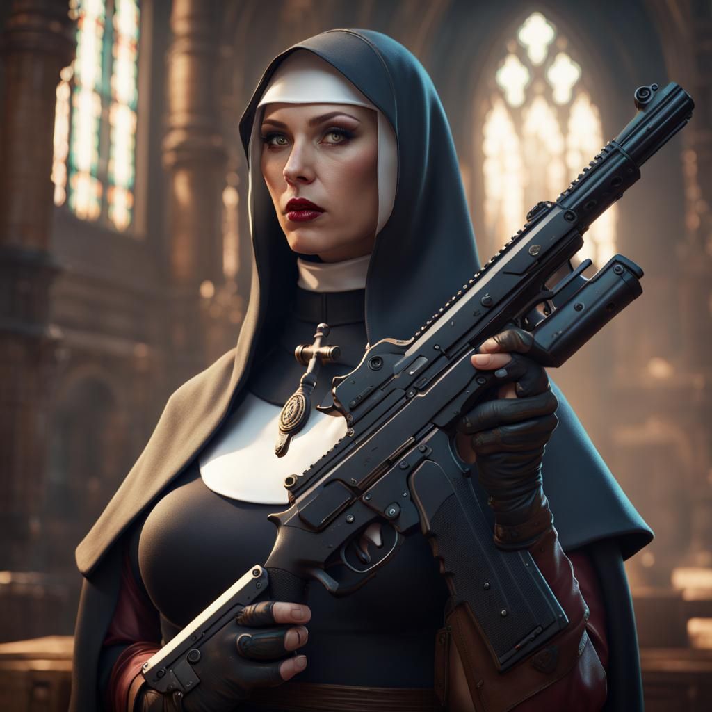 Fantastical Nun with a Gun in Detailed Matte Painting