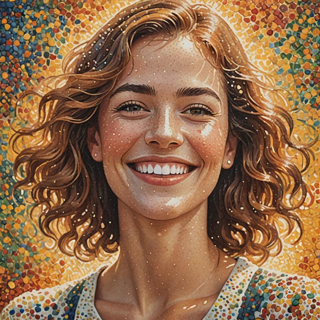 Woman's Joyful Face in Pointillism Style