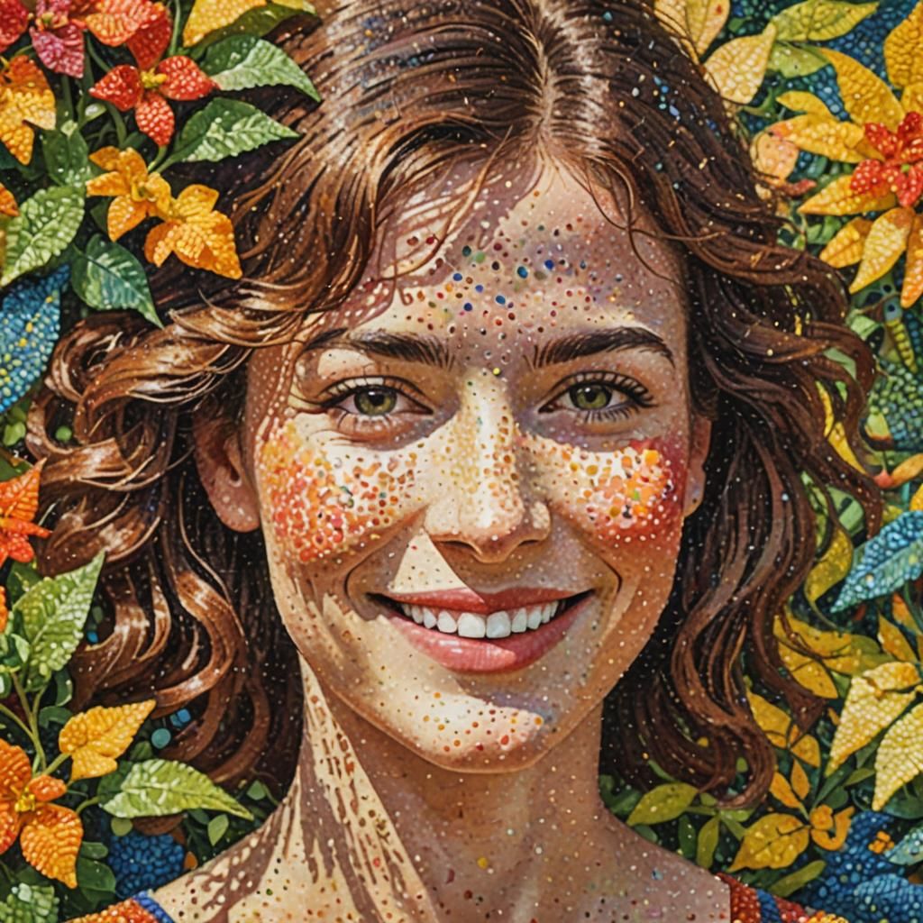 Smiling Woman in Garden, Pointillism Portrait