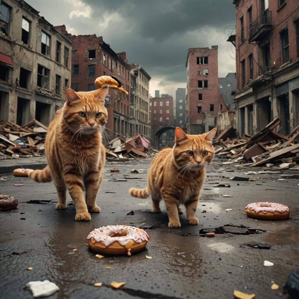 Ginger Cat and Donut in Ruined City