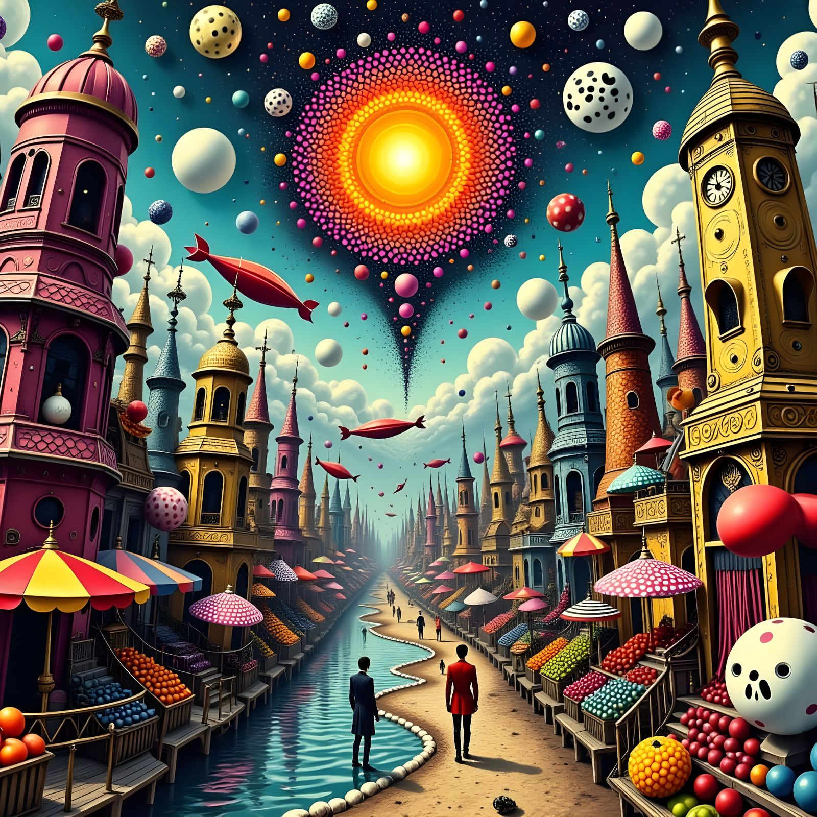 Steampunk City Marketplace with Airships and Clockwork