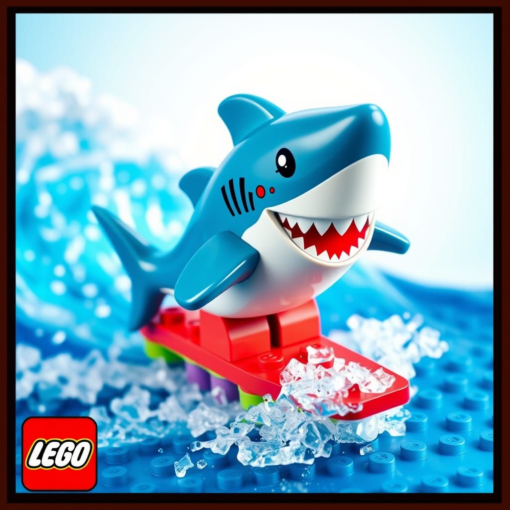 LEGO Shark Rides Surfboard in Vibrant Beach Scene
