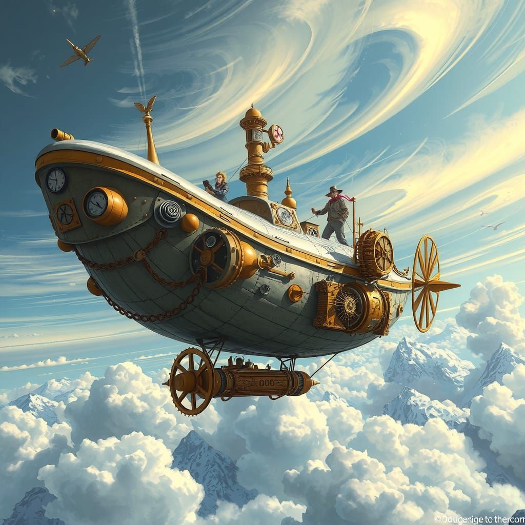Steampunk Manta Ray Airship Soars Through Whimsical Clouds