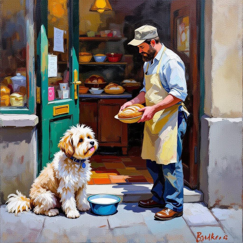 Baker Shares Food with Hungry Dog in Impasto Style Painting
