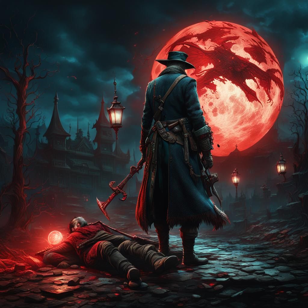 Wounded Man Under Cyan Moon, Digital Painting