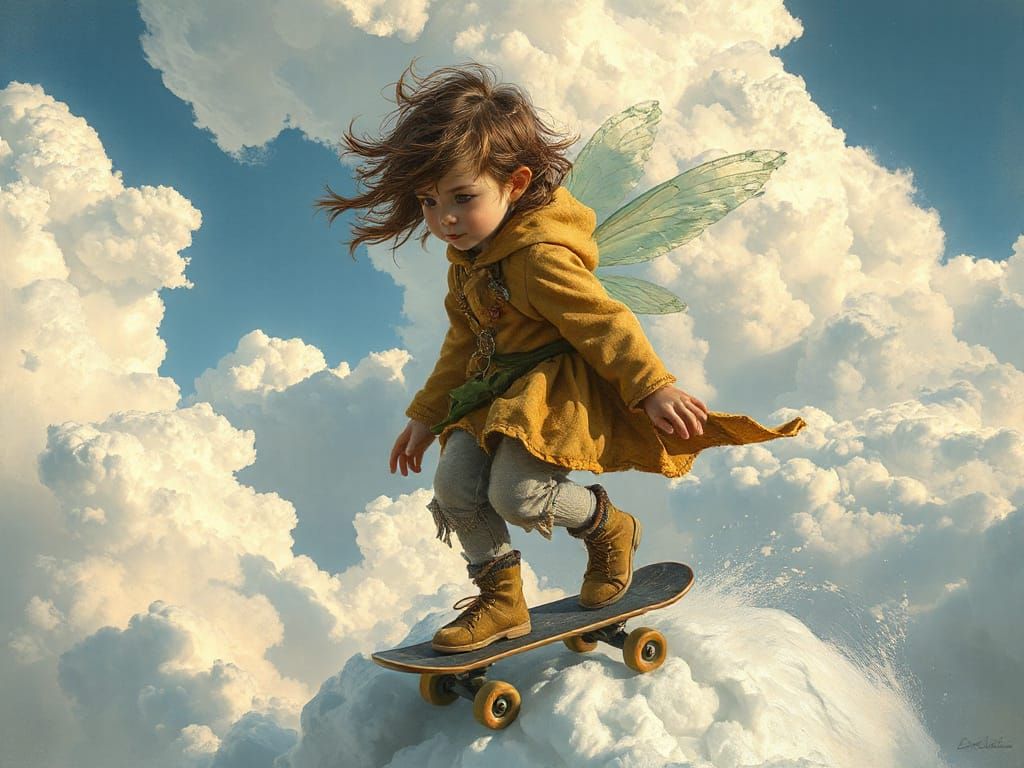 Dryad-Fairy Child Skateboarding on Clouds: Hyperrealistic Oi...