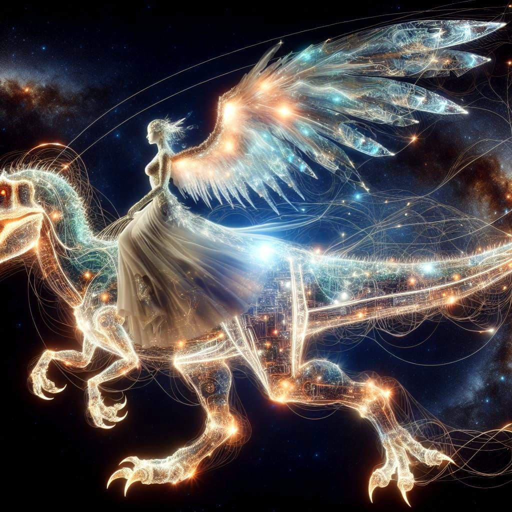 Cybernetic Angel Rides T-Rex Through Galaxy