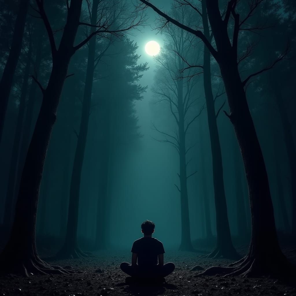 Midnight Contemplation: Forest Figure in Cinematic Moonlight