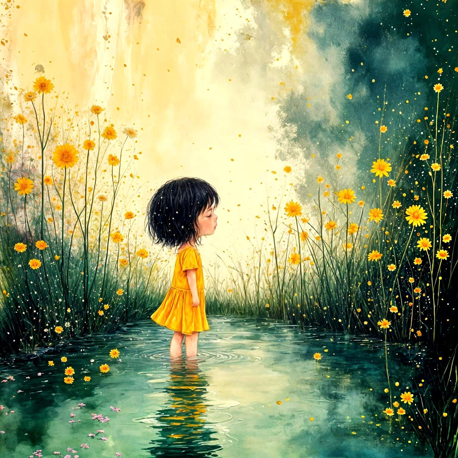 Surreal Garden Oasis with Whimsical Water Scene