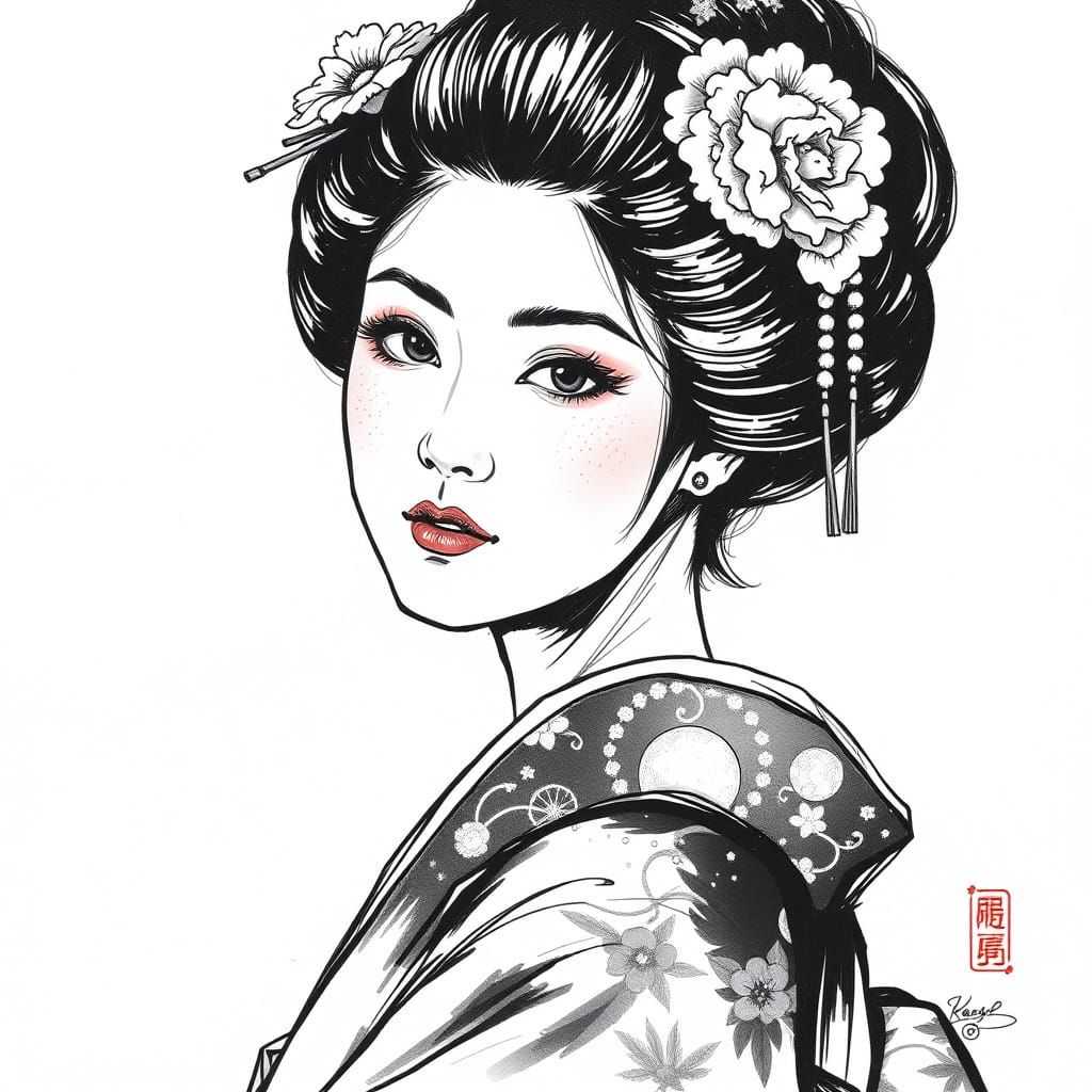 Elegant Geisha Portrait in Traditional Ink Style