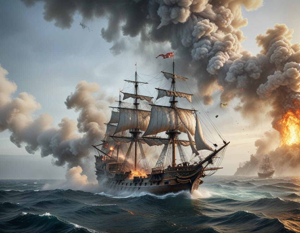 Burning Spanish Galleon After Sea Battle
