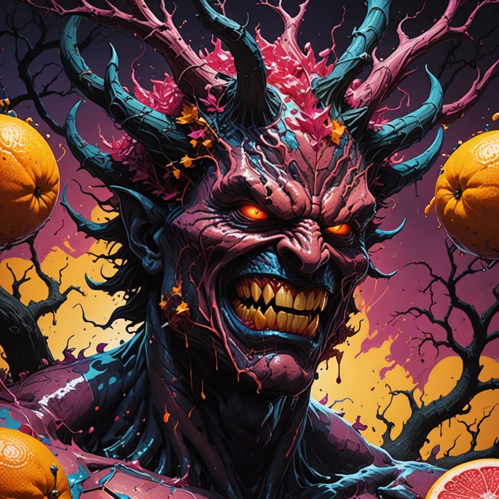 Colossal Grapefruit Demon in Electric Orchard
