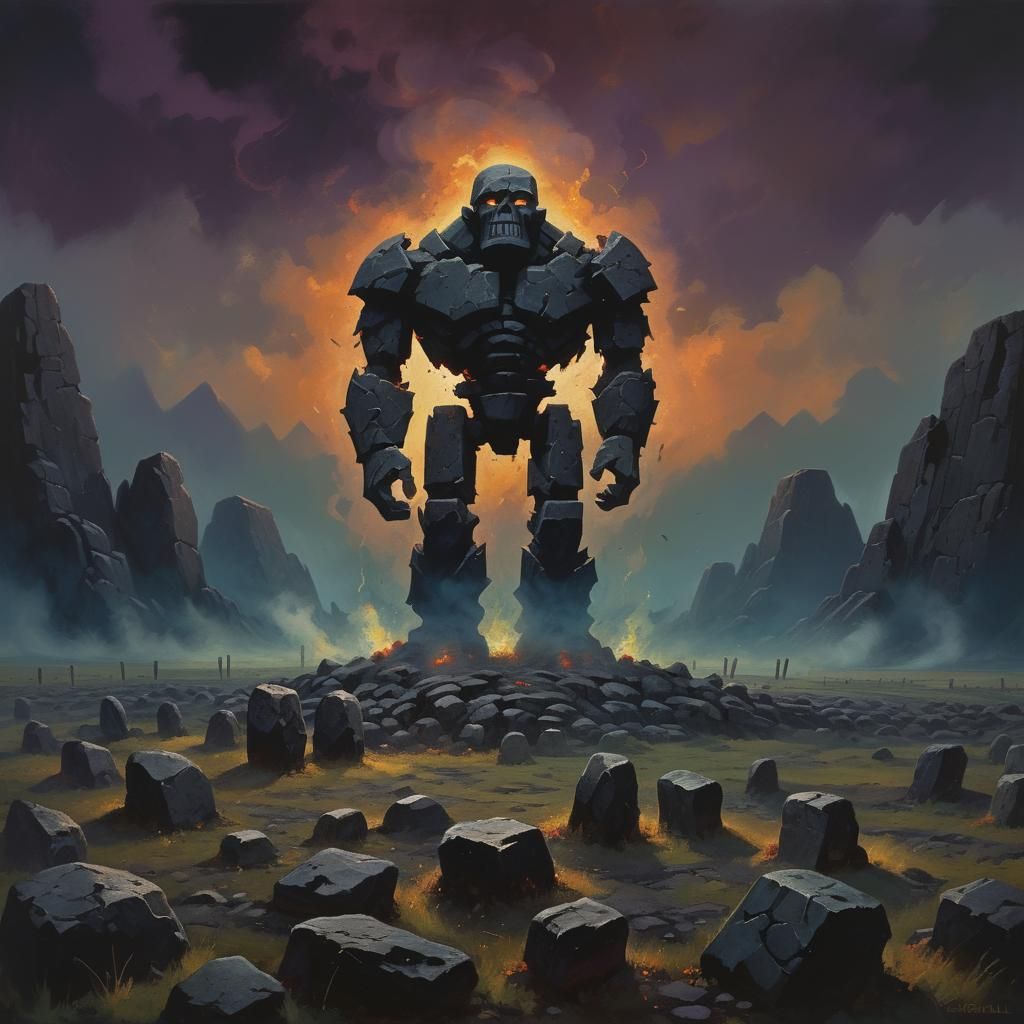 Dark Fantasy Golem in Stone Field