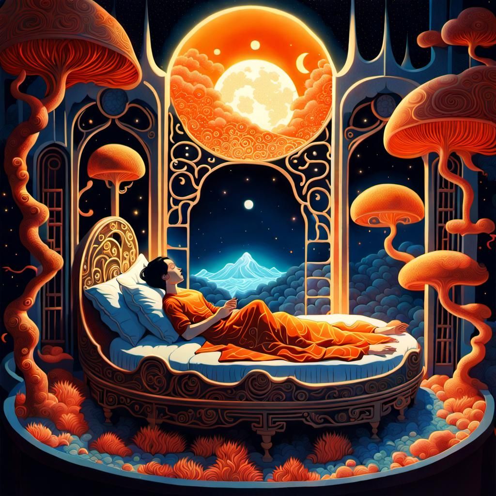 Woman in Celestial Bed, Fairytale Illustration