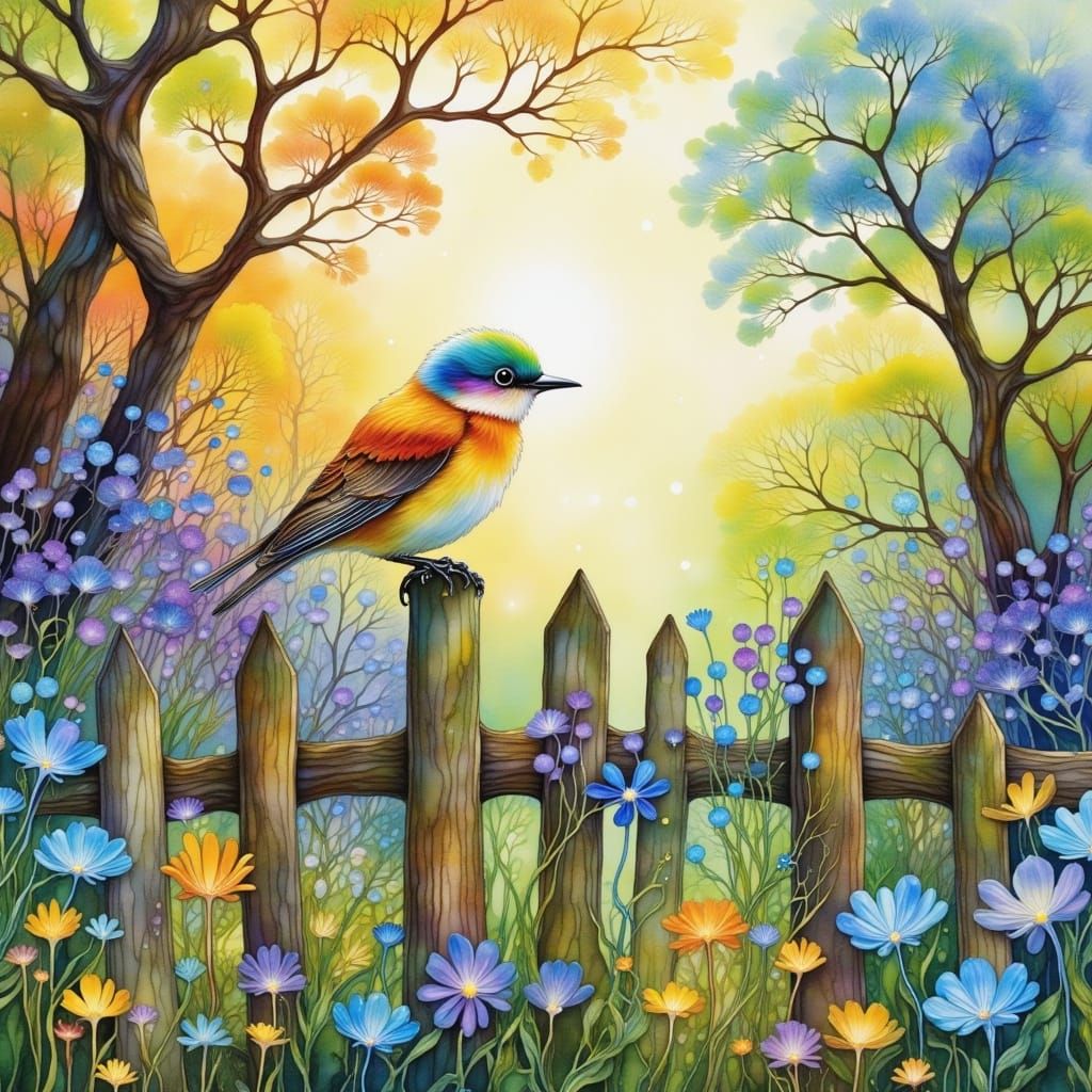 Whimsical Bird in a Vibrant Garden Scene