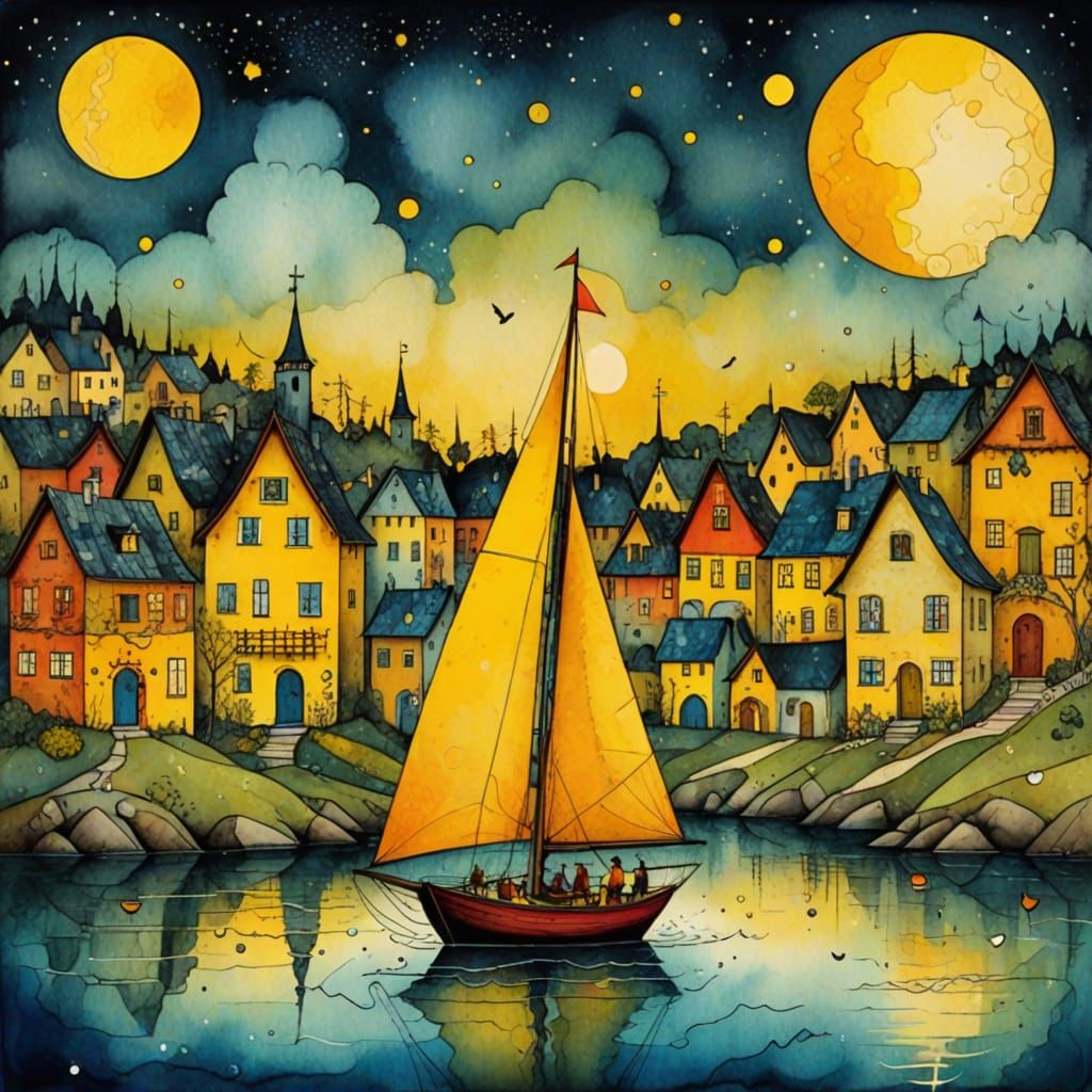 Vibrant Watercolour Sailing Scene in a Whimsical Yellow Drea...