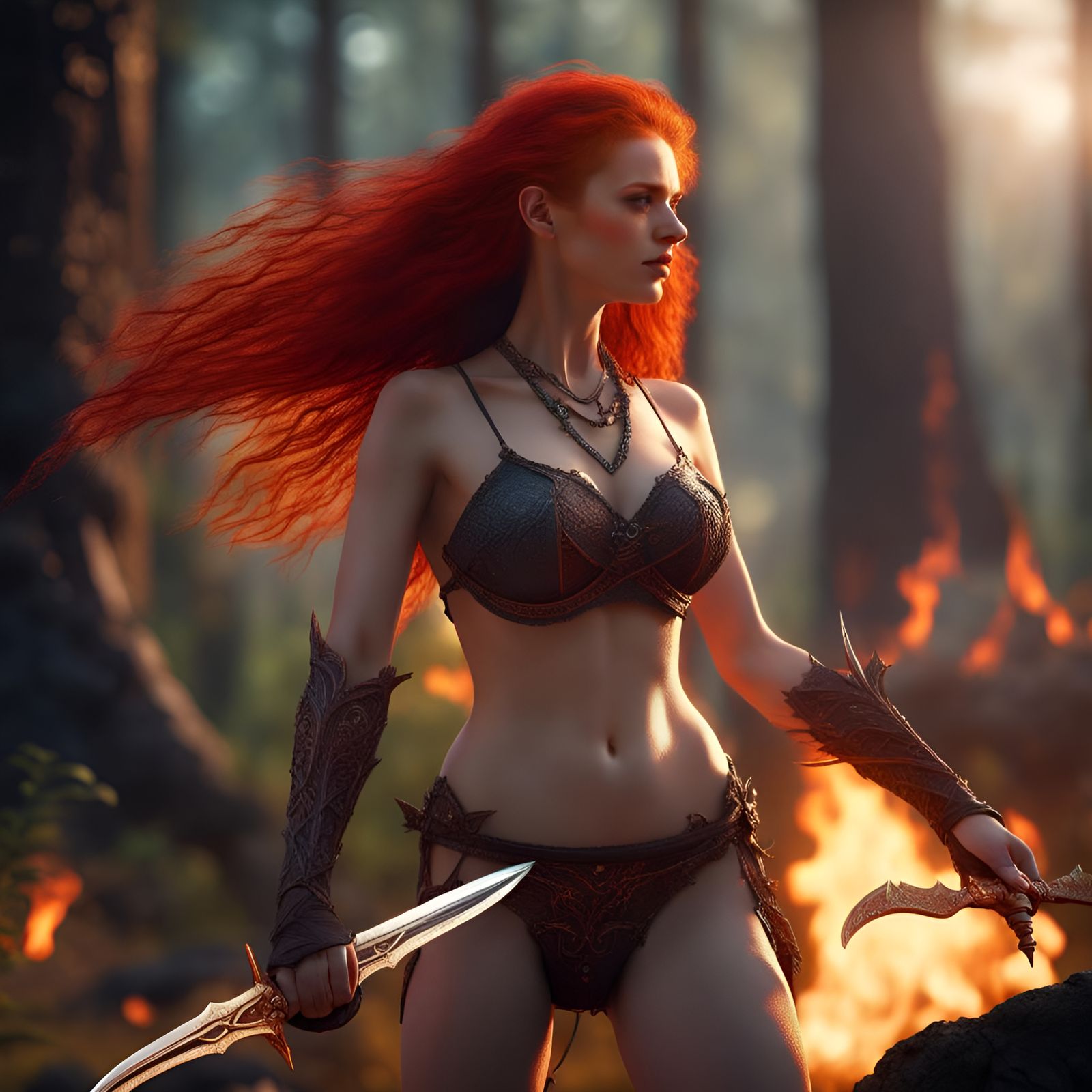 Fantasy Redhead with Sword in Forest, Digital Art