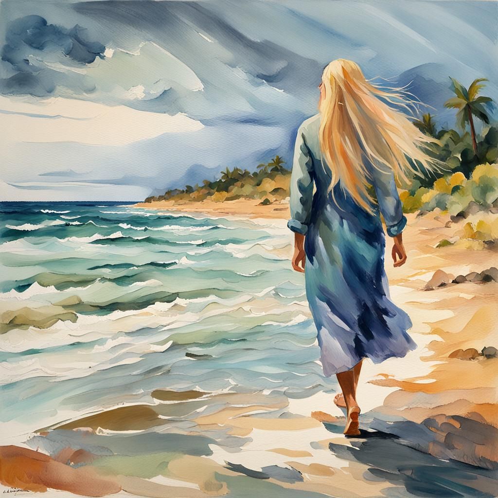 Woman Walking on Beach in Gouache Impressionist Style