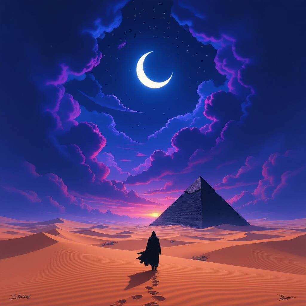 Ominous Black Pyramid in Surreal Desert Night