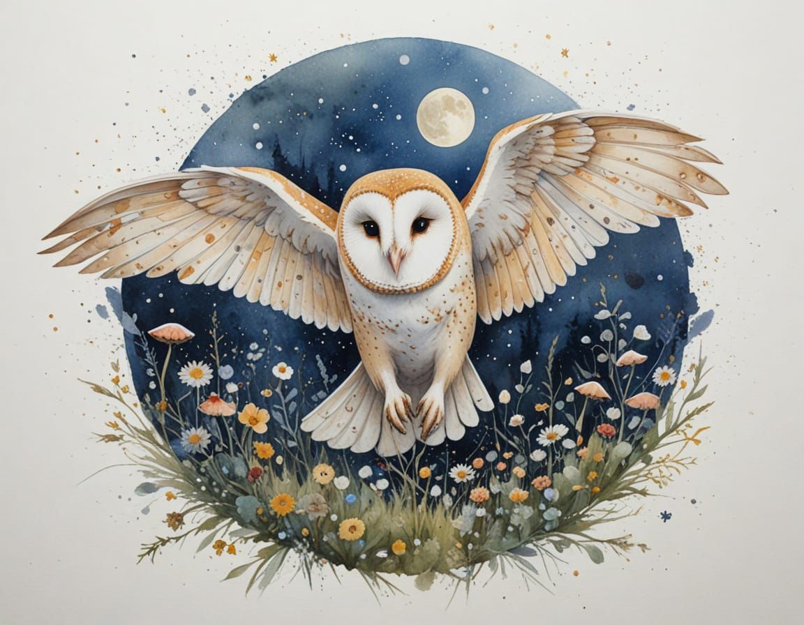 Barn Owl Gliding Through Starlit Meadow in Ethereal Watercol...