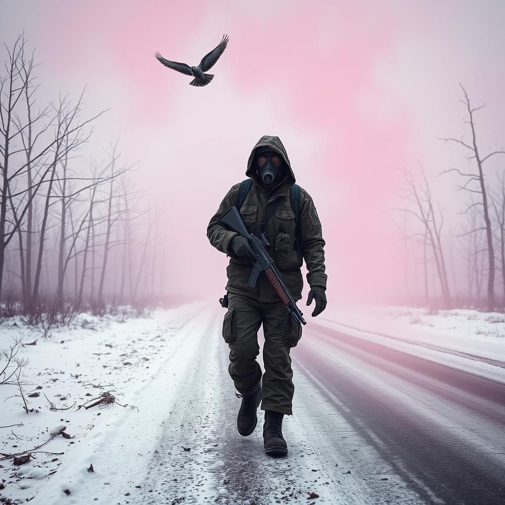 Post-Apocalyptic Survivor in Toxic Winter Landscape