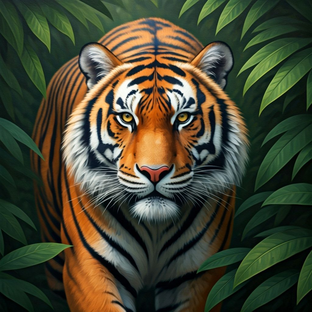 Majestic Tiger Prowling Through Jungle: An Oil Painting