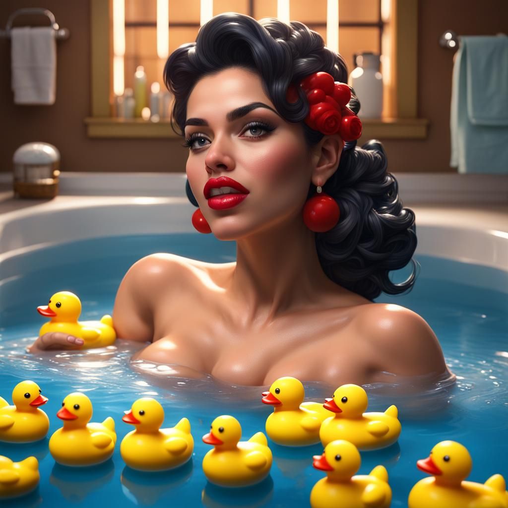 Latina Pinup Girl's Hyperrealistic Bubble Bath