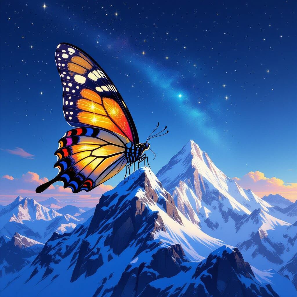 Cosmic Butterfly on Snowy Mountain Peak Digital Painting
