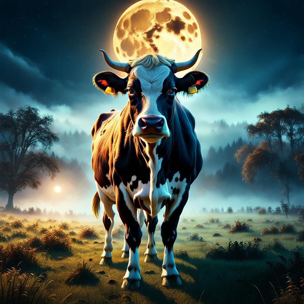 Majestic Cow in Mystical Meadow: Cinematic Digital Art