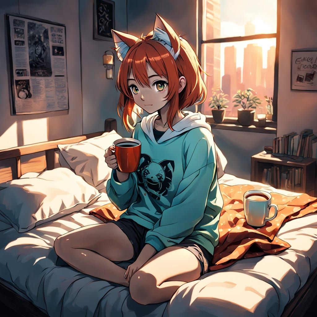 Young Woman Enjoys Cozy Morning in Vibrant Anime Style