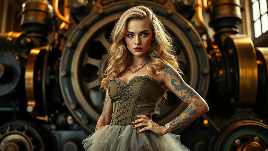 Steampunk Beauty with Tattoos in Cinematic Lighting