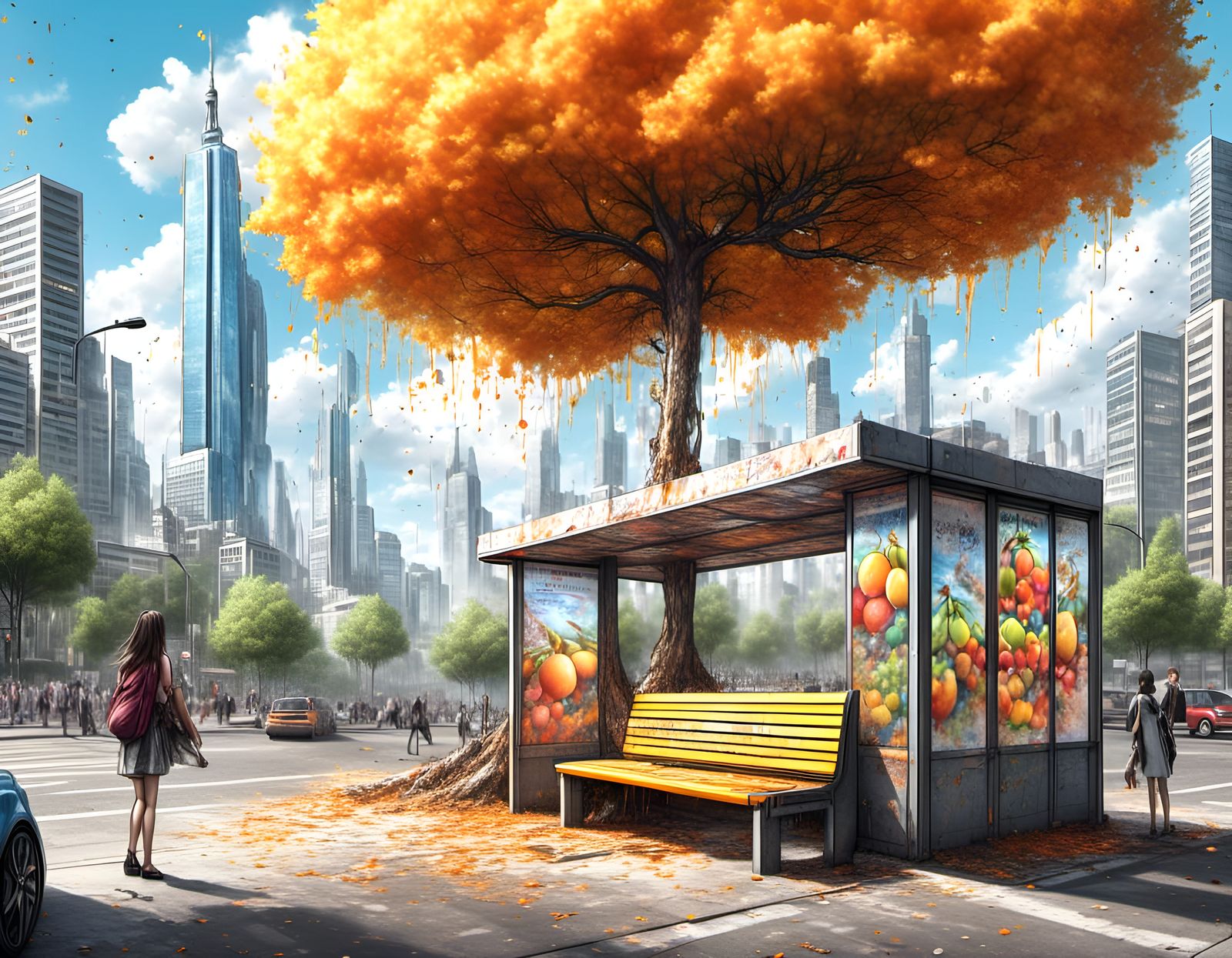 Comic Book Fruit Explosion at City Bus Stop