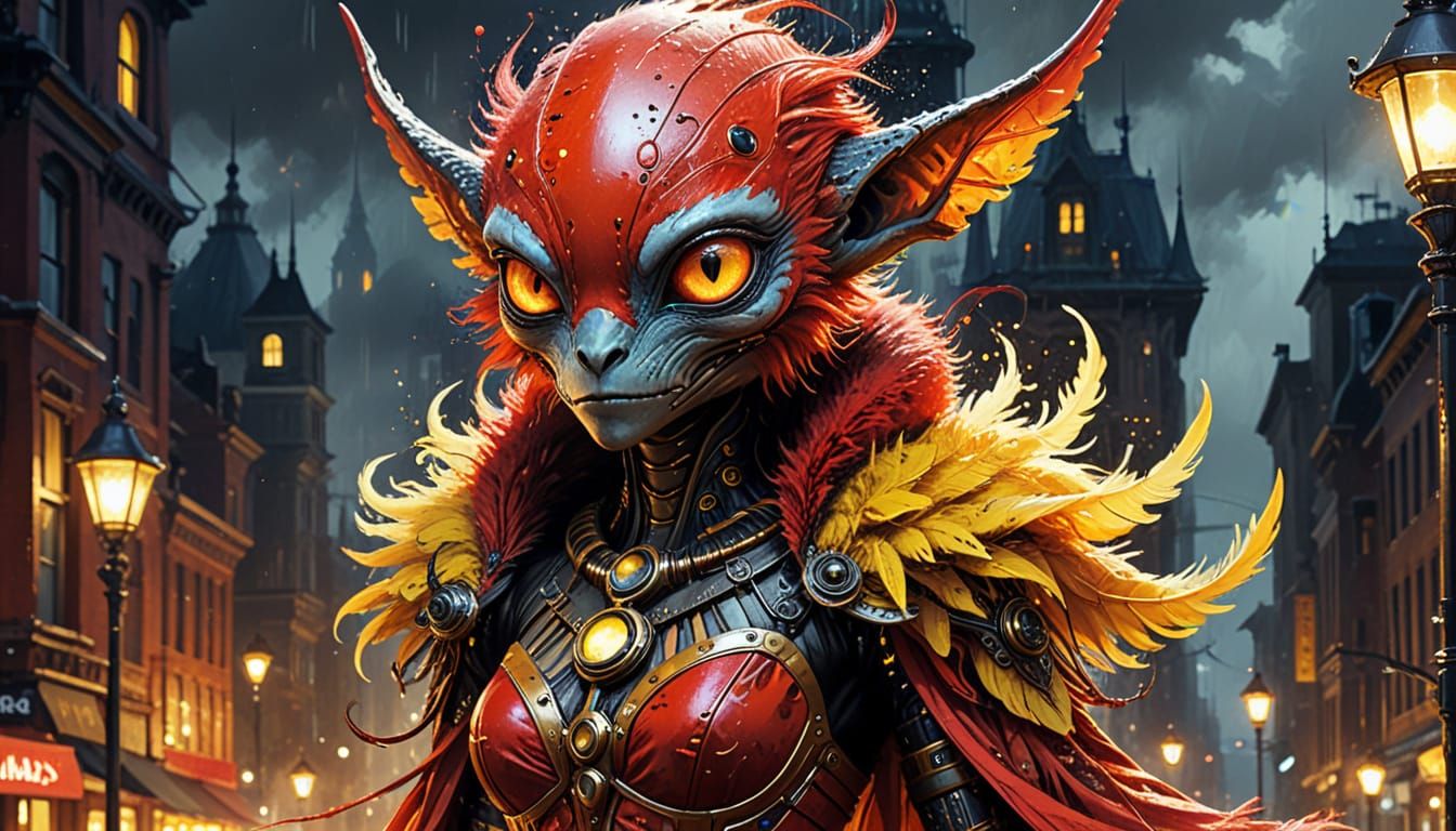 Steampunk Alien in Red Fur Against Cityscape