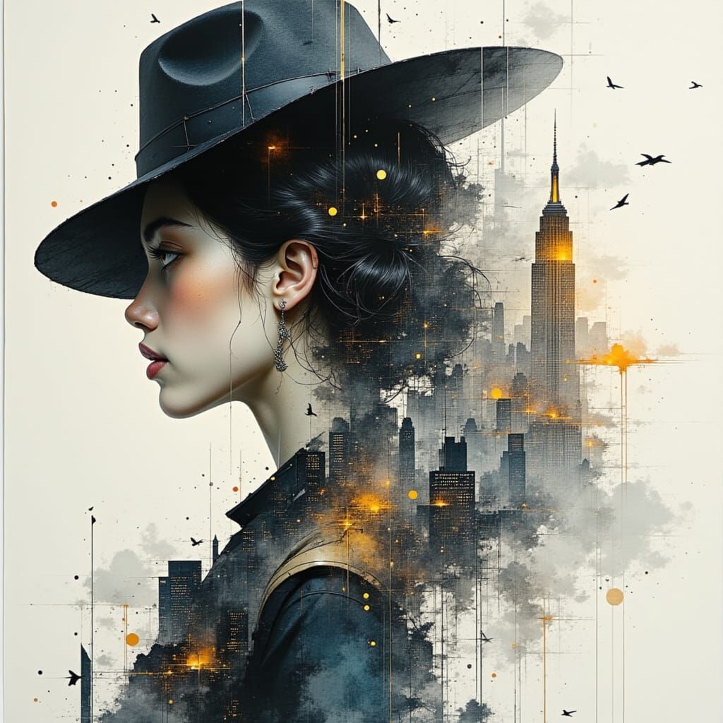 Woman Silhouetted Against Vibrant New York City Skyline in W...