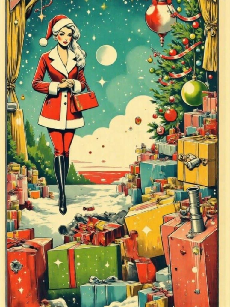 Retro-Futuristic Santa Claus in Mid-Century Christmas Scene