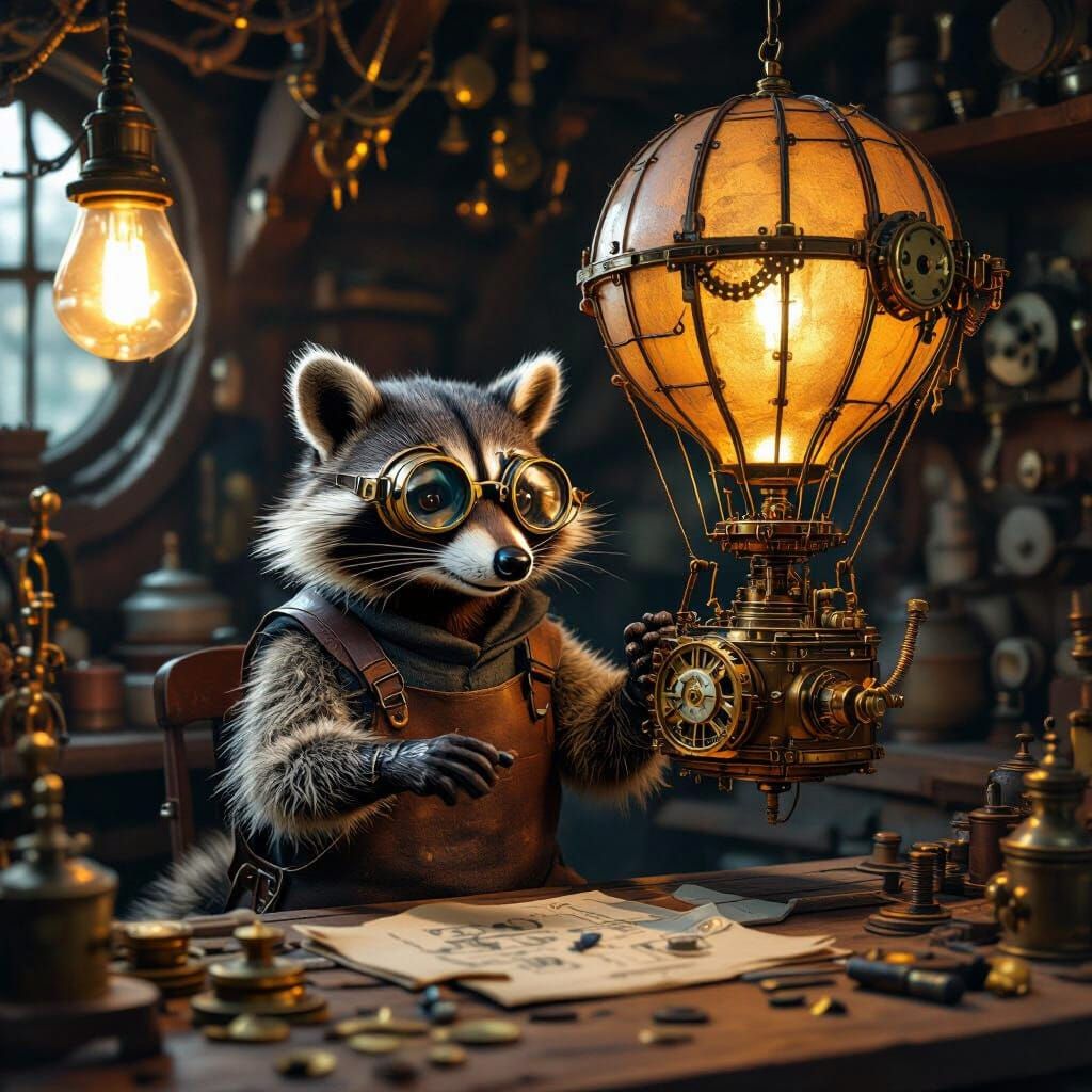 Steampunk Raccoon Inventor's Clockwork Balloon