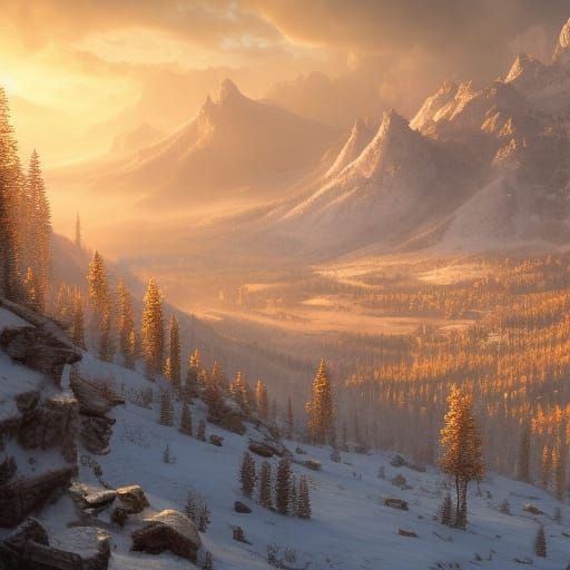 Snowy Mountain Village in Golden Sunlight