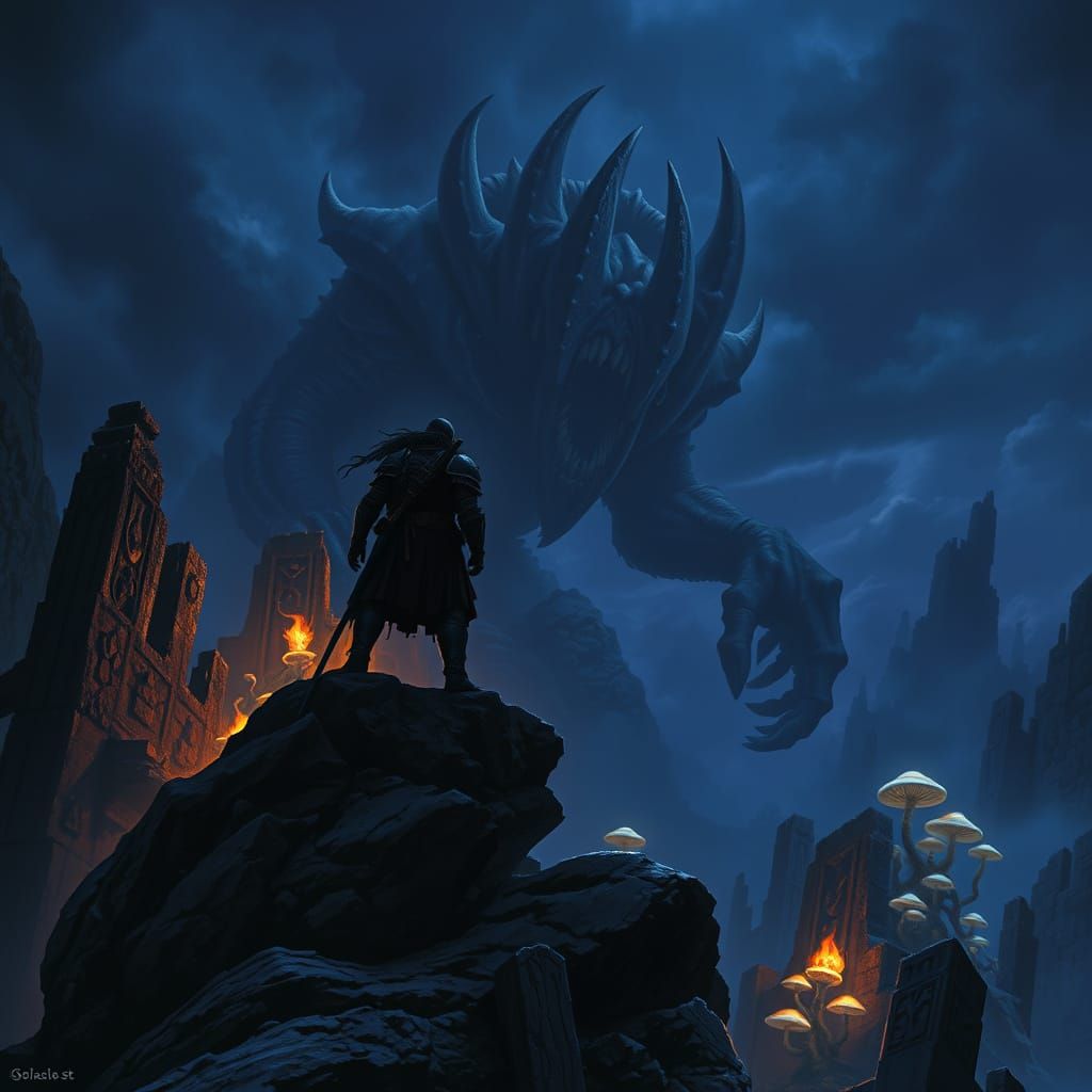 Dark Fantasy Warrior Amidst Ancient Ruins