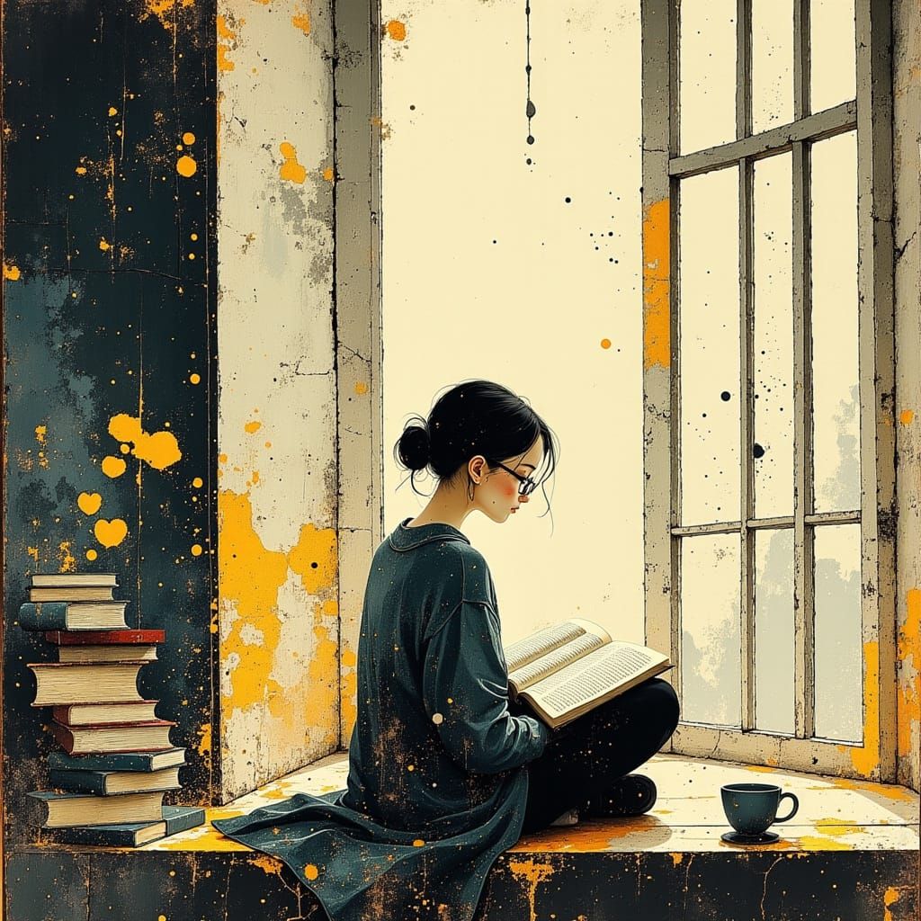 Cozy Sumi-e Portrait of Woman Reading by Window