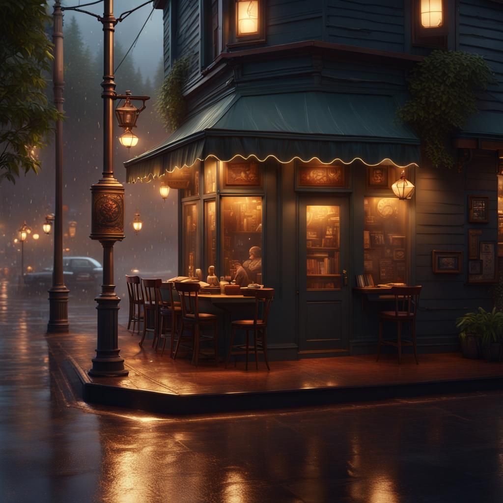 Rainy Evening in a Cozy Pacific Northwest Cafe