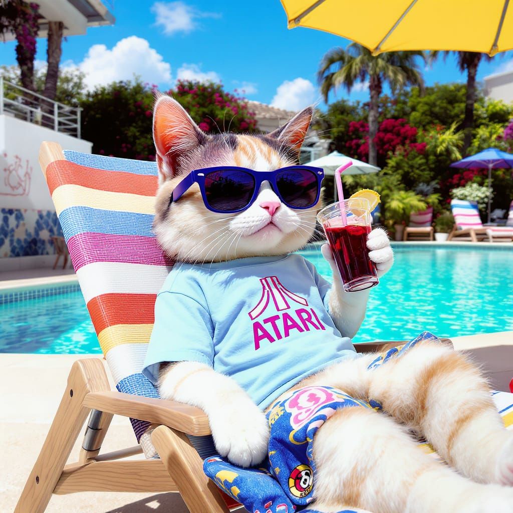 A Gex X cat, wearing an Atari t-shirt, sitting besides a pool on a deck chair, sipping a cold drink.