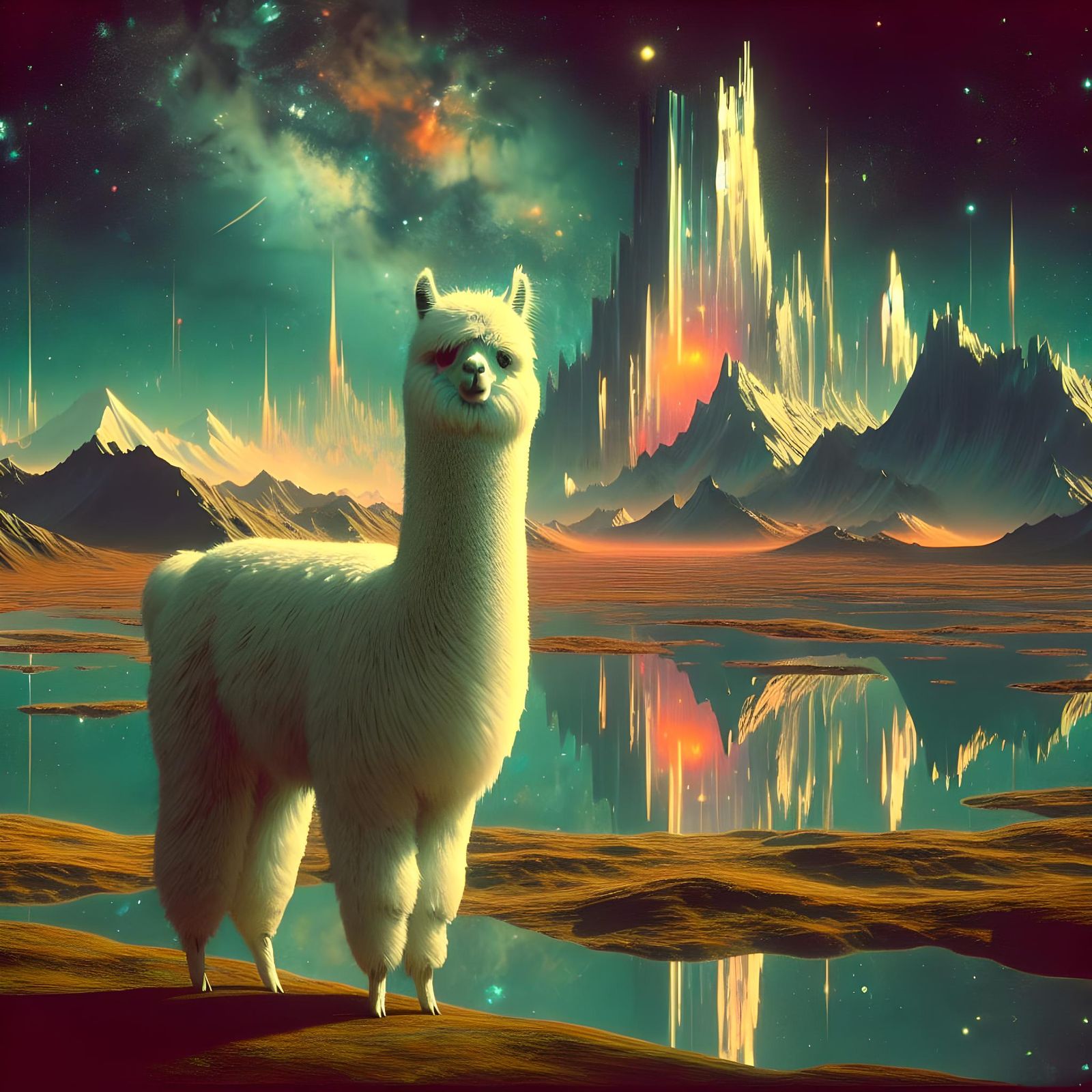 Alpaca in Retro-Futuristic Cosmic Landscape