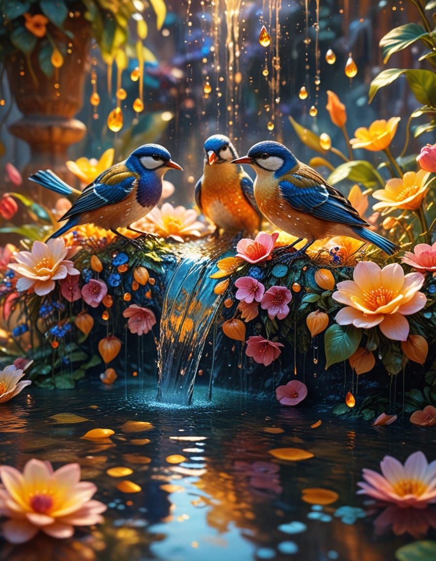 Surreal Birds Bathe in Fountain of Youth