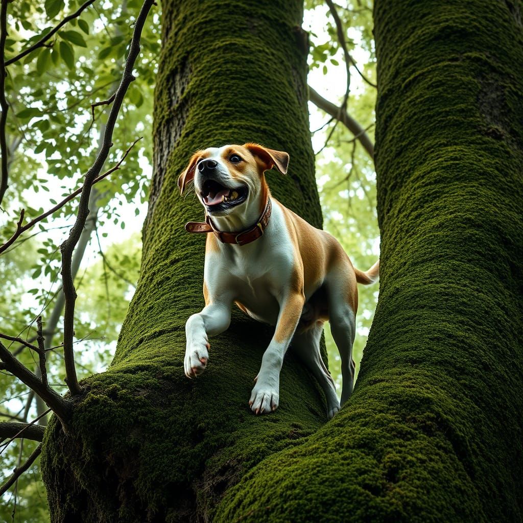 Dog Climbing a Mossy Tree: Photorealistic Wildlife