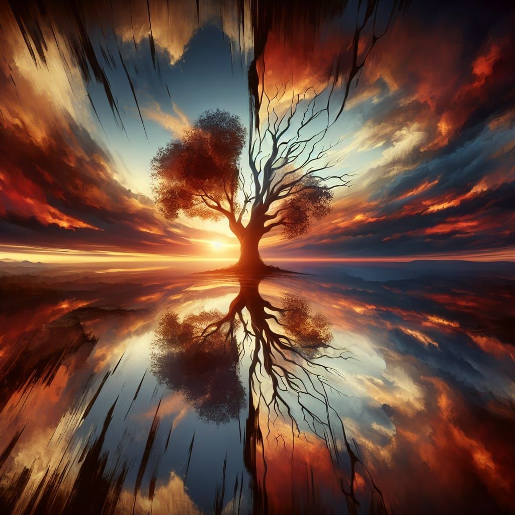 Shattered Tree of Life Against Crimson Sunset